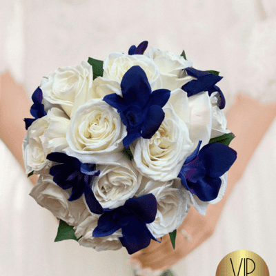 Royal Bridal Bouquet Las Vegas with white roses and blue orchids