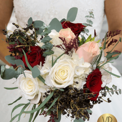 High Roller Romance Posy bridal bouquet with white hydrngeas, white roses, blush pink roses burgundy/ red roses