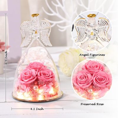 Angel figurine with preserved pink roses in a glass dome, perfect for sentimental gifts.