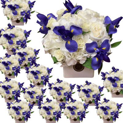 White Hydrangea & Blue Iris Flower Centerpieces (Set of 10)