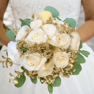 Eternal Fortune Bouquet in las vegas with gold baby's breath and white roses, silver dollar eucalyptus
