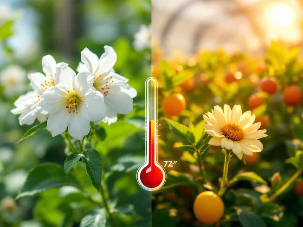 Differential temperature effect on flowering plants, showing vibrant white blossoms on the left under cooler conditions and bright yellow flowers on the right in warmer weather, with a thermometer indicating 72°F.