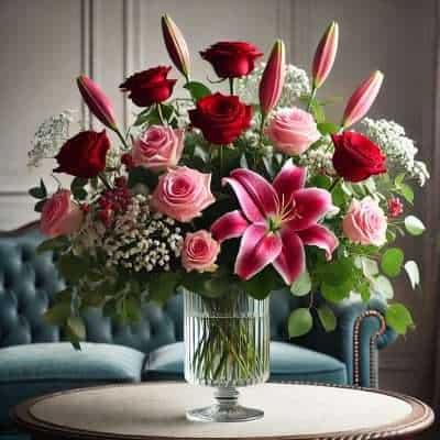 Pink and red roses with lilies and greenery in a clear glass vase on a wooden table in elegant room decor.