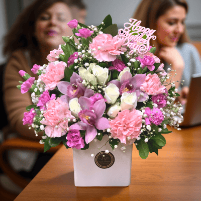 Beautiful Mother's Day floral arrangement with pink carnations, white roses, pink orchids, and greenery in a white VIP Floral box with a "Happy Mother’s Day" topper.