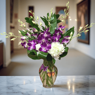 Lavender and white orchid flower bouquet in a butterfly decorated glass vase, perfect for gift or decoration.