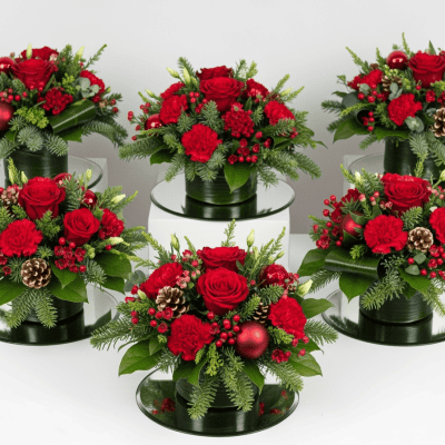 Vibrant red holiday floral arrangements featuring roses, carnations, pinecones, and greenery in elegant black vases, perfect for festive occasions and gift-giving.