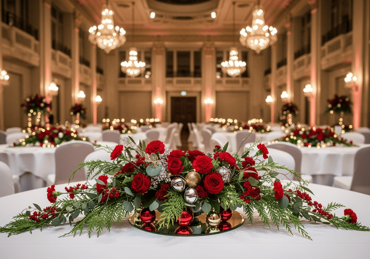 Red holiday floral centerpiece with roses, greenery, and gold and silver ornaments in an elegant banquet hall setting.