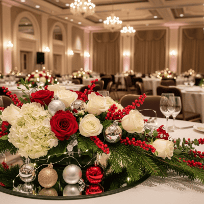 Red and white floral centerpiece with silver and red ornaments for holiday decor at an elegant event hall.