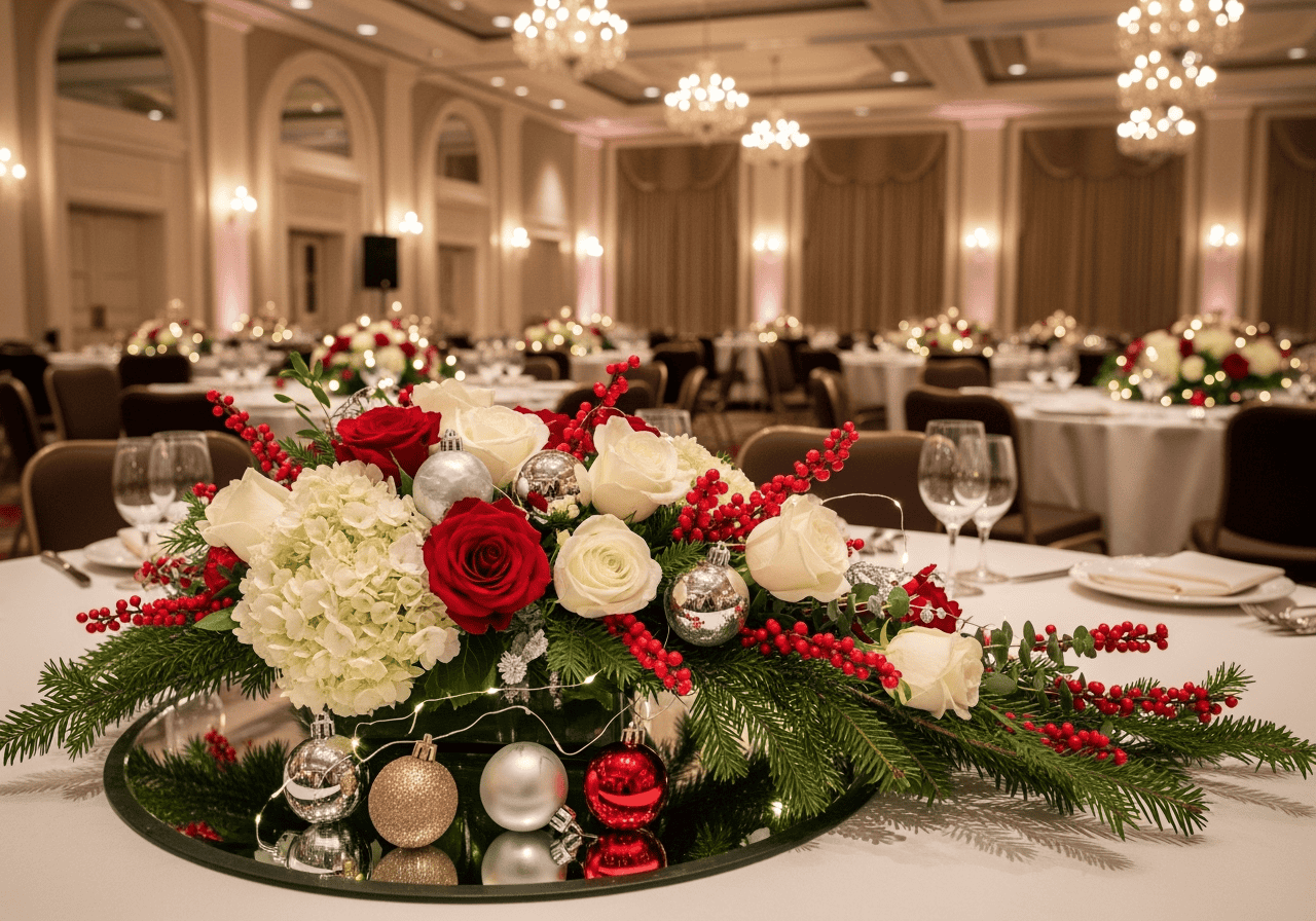 Red and white floral centerpiece with silver and red ornaments for holiday decor at an elegant event hall.