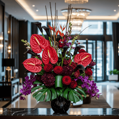 Red and purple floral arrangement with anthuriums, roses, orchids, and lush greenery in a black vase, set in an elegant hotel lobby with chandelier lighting.