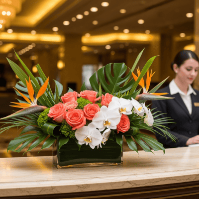 Rich tropical floral arrangement featuring pink roses, white orchids, and lush green monstera leaves displayed on a hotel reception desk.