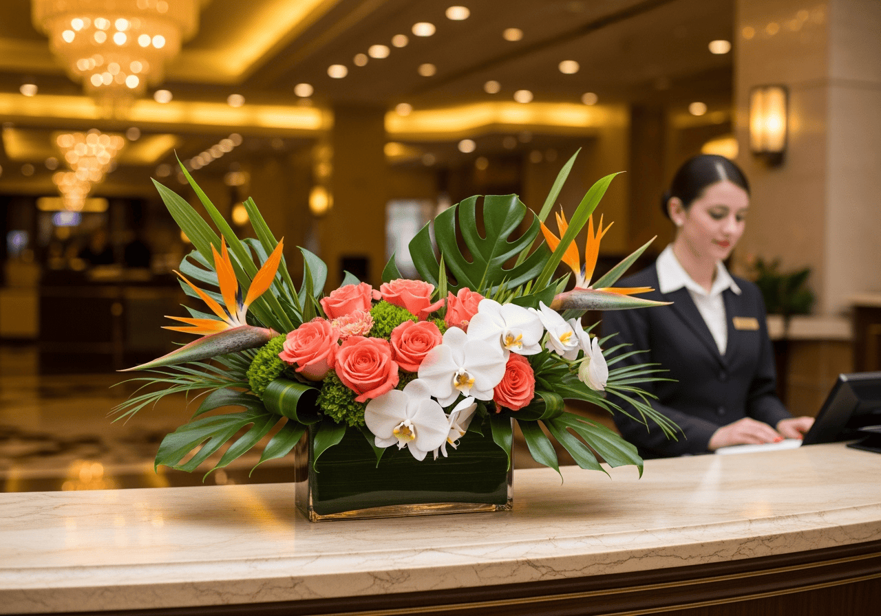 Rich tropical floral arrangement featuring pink roses, white orchids, and lush green monstera leaves displayed on a hotel reception desk.