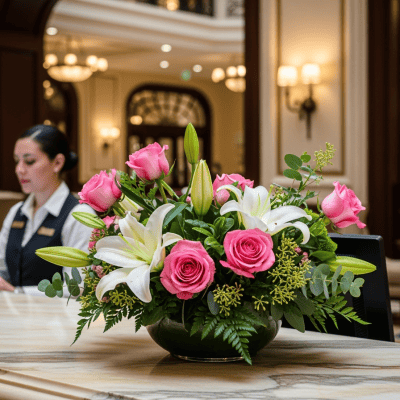 Roses and white lilies floral arrangement in a black vase at hotel reception desk with a receptionist in the background.