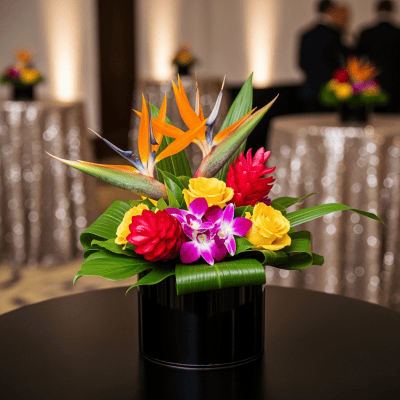 Bird of Paradise floral arrangement in black vase with vibrant tropical flowers, perfect for special occasions and event decoration.