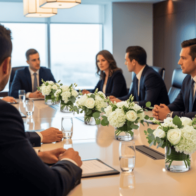 Elegant white floral centerpieces with roses and hydrangeas for corporate meetings and events, creating a sophisticated atmosphere.