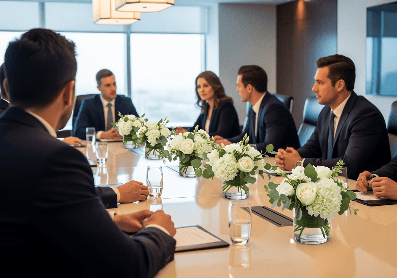 Elegant white floral centerpieces with roses and hydrangeas for corporate meetings and events, creating a sophisticated atmosphere.