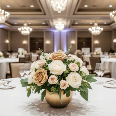 Elegant floral centerpiece featuring white and blush roses with greenery, set on a banquet table in a luxurious event hall with chandeliers and sophisticated decor.