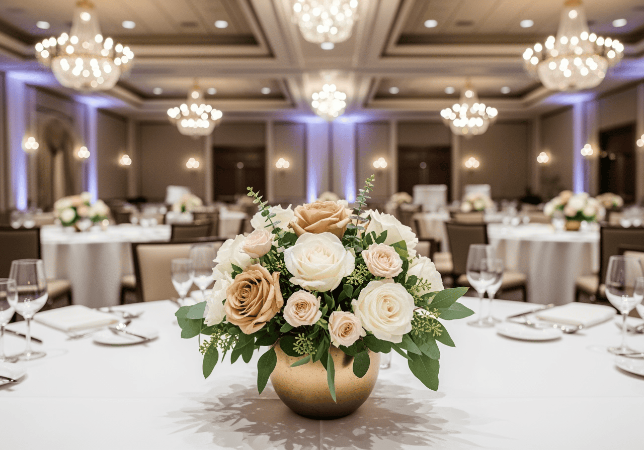 Elegant floral centerpiece featuring white and blush roses with greenery, set on a banquet table in a luxurious event hall with chandeliers and sophisticated decor.