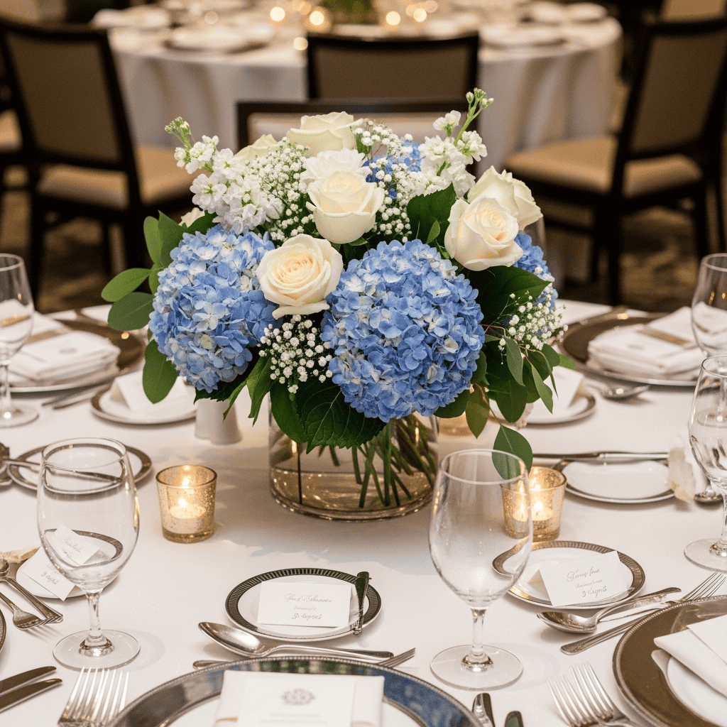 Blue and white floral centerpiece with roses and hydrangeas on an elegant dining table.