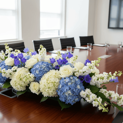 Lavender and white floral centerpiece with hydrangeas and roses on a conference table in a modern office meeting room.