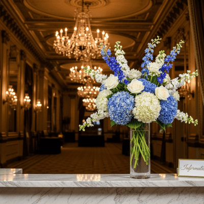 Blue and white floral arrangement in glass vase at elegant event venue, luxurious chandelier lighting, intricate ceiling decor, and classic architectural details in background.