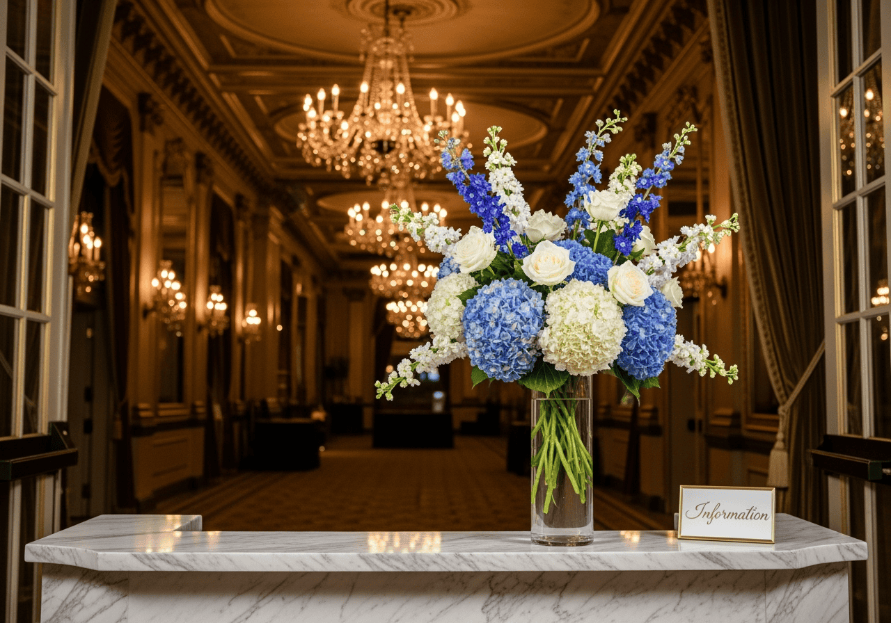 Blue and white floral arrangement in glass vase at elegant event venue, luxurious chandelier lighting, intricate ceiling decor, and classic architectural details in background.