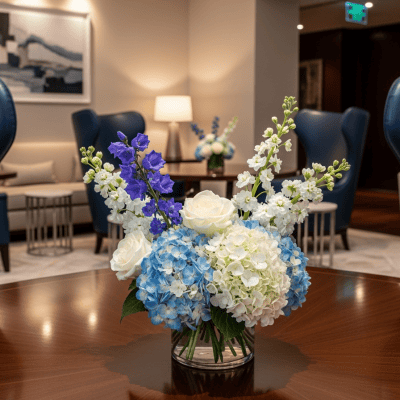 Fresh blue and white hydrangeas, roses, and delphiniums floral arrangement in a glass vase on a polished wooden table, perfect for elegant decor or special occasions.