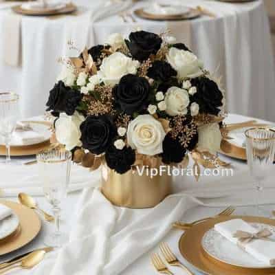 Elegant black and white roses floral centerpiece in a gold vase for sophisticated event decor. Perfect for weddings, banquets, or special celebrations in Las Vegas.