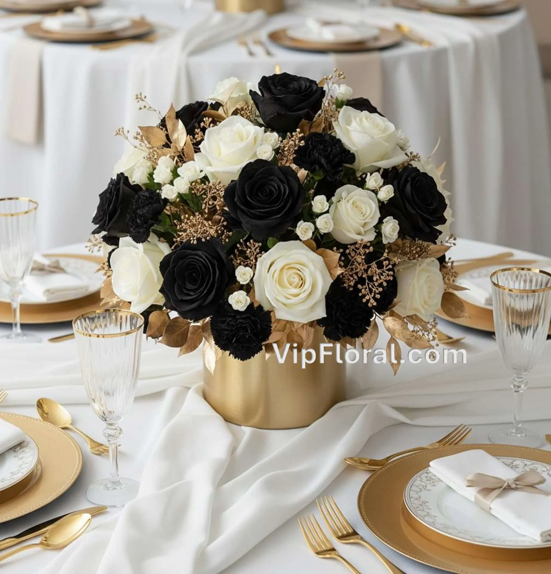 Elegant black and white roses floral centerpiece in a gold vase for sophisticated event decor. Perfect for weddings, banquets, or special celebrations in Las Vegas.