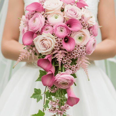 Pink cascade bridal bouquet with medium pink calla lilies, light pink roses, and ranunculus in waterfall style for Las Vegas wedding