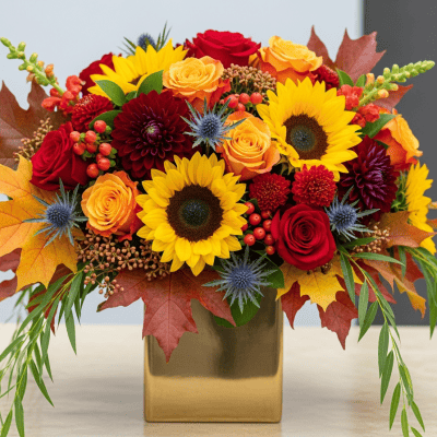 Vibrant autumn flower arrangement with sunflowers, roses, and fall foliage in a gold square vase