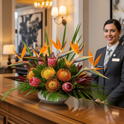 Luxurious tropical flower centerpiece with orange birds of paradise, red and yellow proteas, symbolizing passionate intimate love