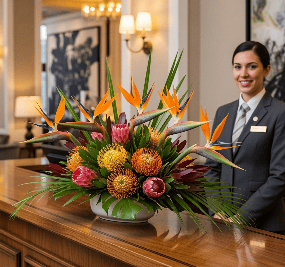 Luxurious tropical flower centerpiece with orange birds of paradise, red and yellow proteas, symbolizing passionate intimate love