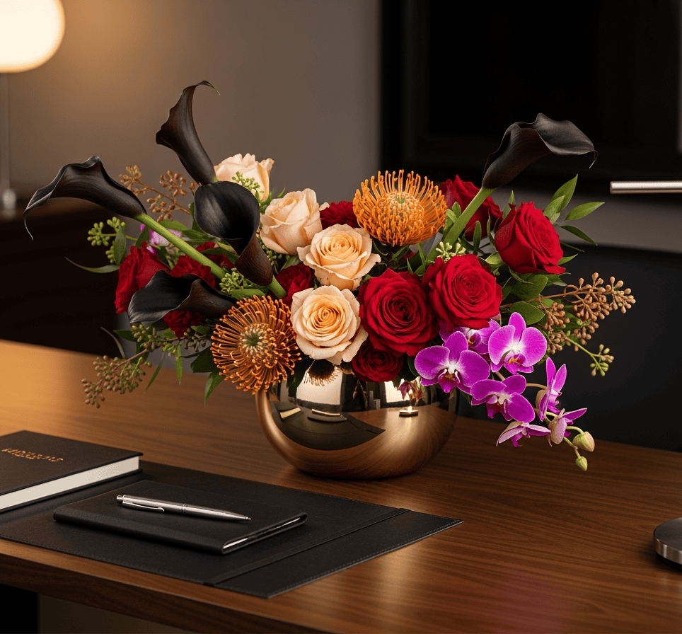 Dramatic black calla lilies with peach roses, purple orchids, and proteas in luxurious gold metallic vase