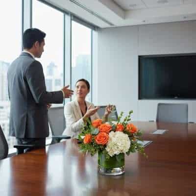 Colorful floral arrangement with orange roses, white hydrangeas, and greenery in a glass vase on a conference table in a modern office setting.