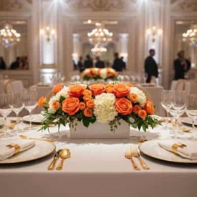 Luxurious floral centerpiece with orange roses, white hydrangeas, and lush greenery on an elegant banquet table at a wedding reception.