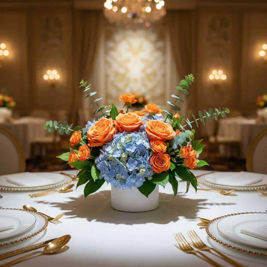 Lavender and orange floral centerpiece with roses and greenery on an elegant dining table in a luxurious room.