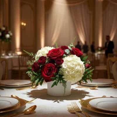 Elegant floral centerpiece featuring red roses and white hydrangeas at a luxurious event table setup.