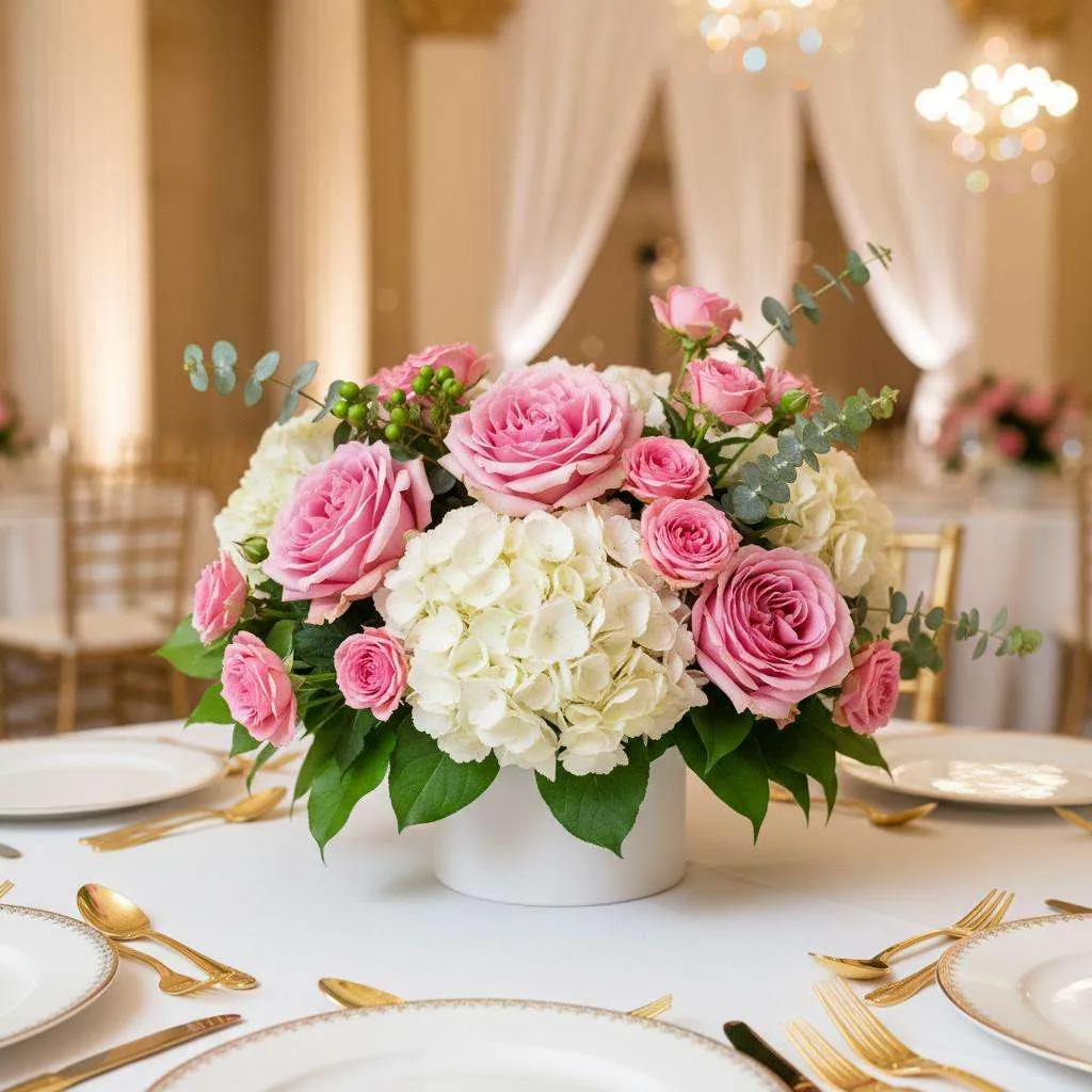 Pink and white floral centerpiece with roses, hydrangeas, and eucalyptus for wedding reception table decoration.