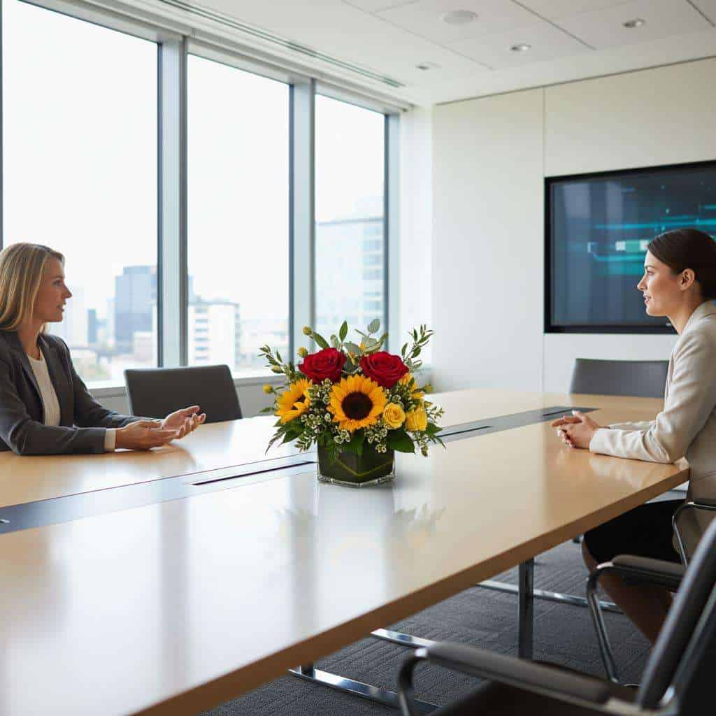 Vibrant floral arrangement with sunflowers, roses, and greenery on conference table during business meeting in modern office building.
