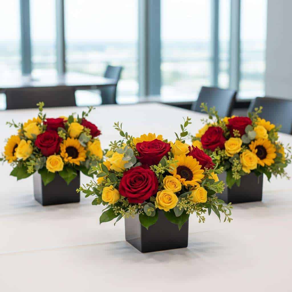 Red and yellow floral centerpieces with roses, sunflowers, and greenery in black square vases on a white table in a modern office setting.