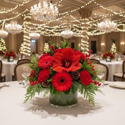 Holiday Elegance Christmas centerpiece with red amaryllis, gerberas, carnations, pinecones and Christmas greens in glass vase - Las Vegas flower delivery