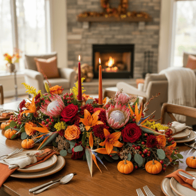 Thanksgiving floral centerpiece with roses, Birds of Paradise, Protea Ice Pink and candles on a holiday dinner table