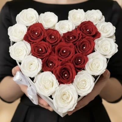 26 preserved red and white roses with pearl pins in a white heart box, Las Vegas florist