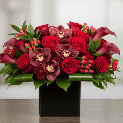 Red roses and burgundy orchids arrangement with calla lilies and berries in a black cube vase