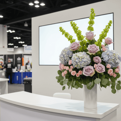 The Palazzo Statement Vase tall white vase arrangement with pastel blue hydrangeas, Cool Water roses, pink roses, molucella, and eucalyptus