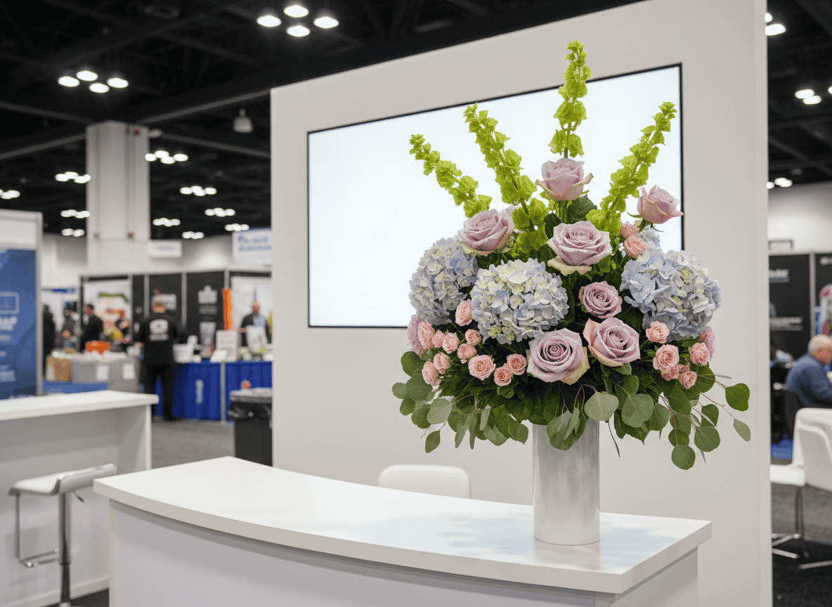The Palazzo Statement Vase tall white vase arrangement with pastel blue hydrangeas, Cool Water roses, pink roses, molucella, and eucalyptus