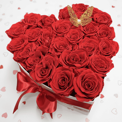 White heart box with 26 preserved red roses and gold butterfly LAS VEGAS FLORIST