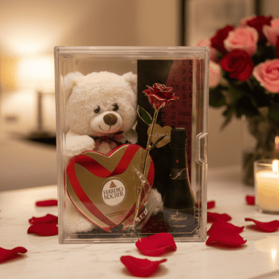 Elegant 24K gold-dipped rose with plush teddy bear in a clear display box, perfect for romantic occasions.