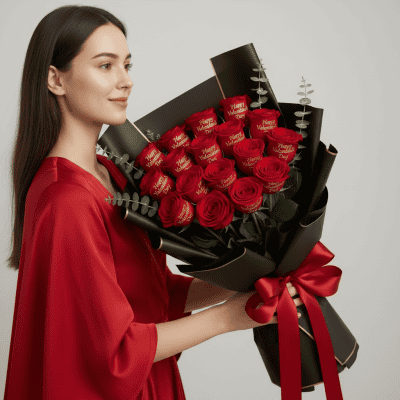 12 red roses bouquet with Happy Valentine’s Day printed roses by VIP Floral Las Vegas